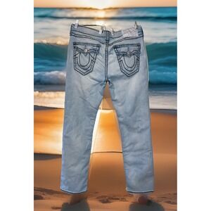 True Religion Ricky Flap Super T Jeans Mens 36 Relaxed Fit Light Wash Distressed